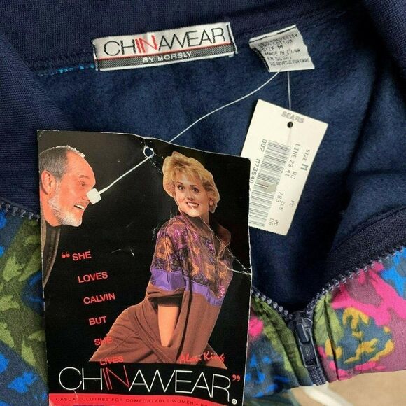 Vintage 80s Sweatshirt Jacket M Navy Blue Half Zip Shoulder Pads New - Picture 4 of 4